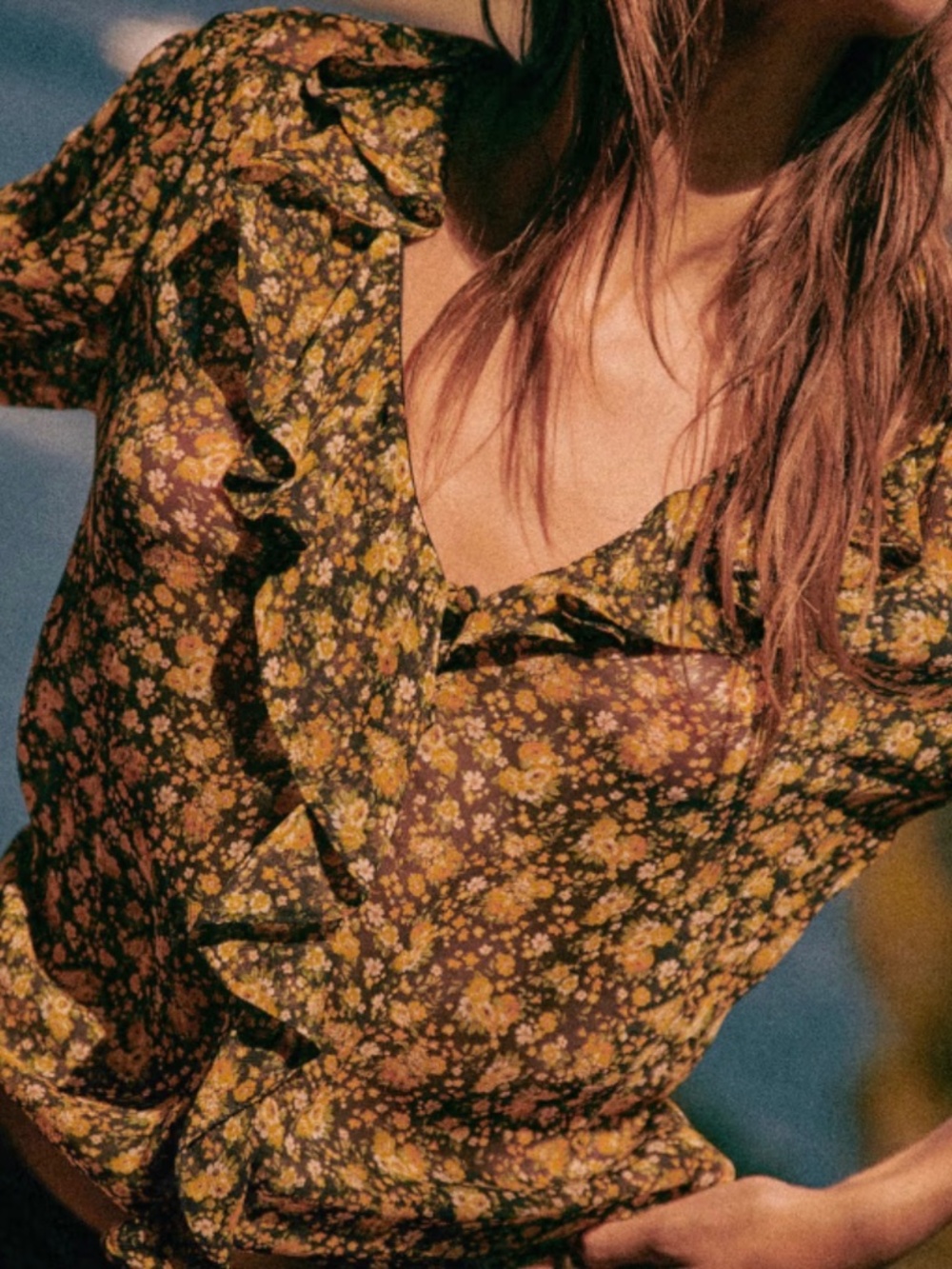 Sezane Irena Blouse Black / Yellow Blossoms - Size 2